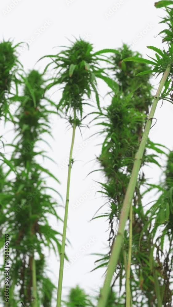 Vertical screen Close-Up of Tall Hemp Plants Against White Sky Detailed view of lush, green hemp plants long stems leafy tops, growing against bright white background hemp plants Vertical screen Close-Up of Tall Hemp Plants Against White Sky Detailed view of lush, green hemp plants long stems leafy tops, growing against bright white background hemp plants