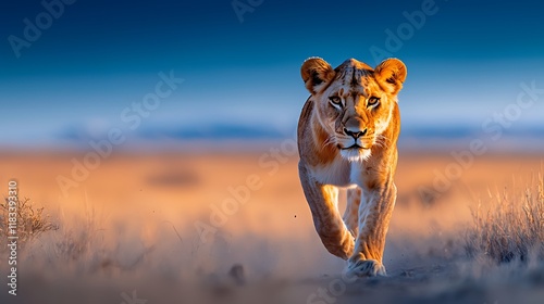 Majestic lioness walking towards the camera in African savanna at sunset. photo