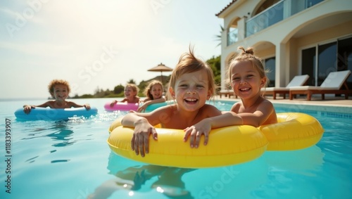 Delighted children riding inflatable pool floats their giggles bright against calming backdrop Smiling Caucasian family relaxing by an infinity pool at a resort