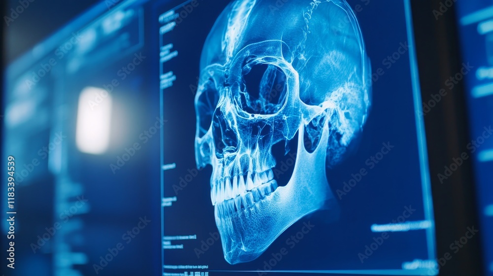 Obraz premium X-ray image of a human skull displayed on a screen for medical analysis.