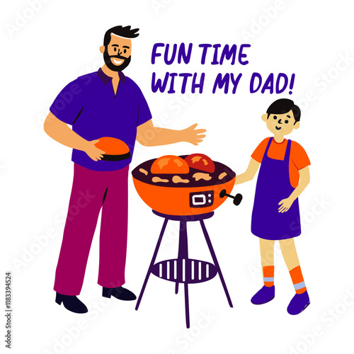 Dad and son doing barbecue party, flat style sticker