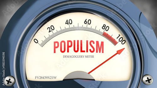 Populism and Demagoguery Meter that is hitting a full scale, showing a very high level of populism, overload of it, too much of it. Maximum value, off the charts.  ,3d illustration photo