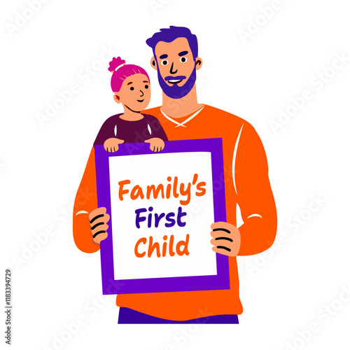 Dad daughter holding family first child banner, flat sticker
