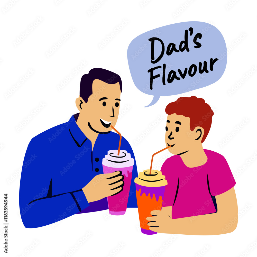 Father son enjoying drink with dads flavour typography, flat sticker Father son enjoying drink with dads flavour typography, flat sticker