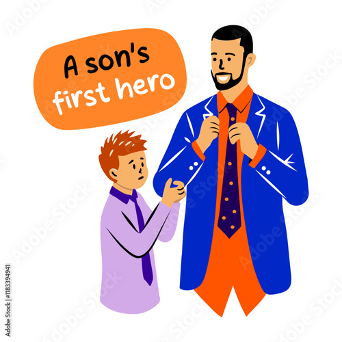 Son admiring dressing up dad with a son first hero text, flat sticker