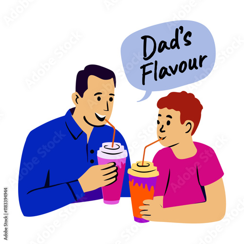 Father son enjoying drink with dads flavour typography, flat sticker
