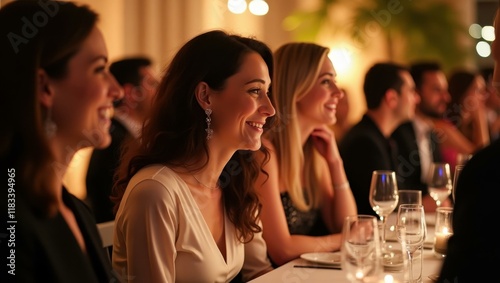 Guests participating in charity raffle their smiles reflecting gala's philanthropic spirit Smiling diverse group attending an exclusive gala event