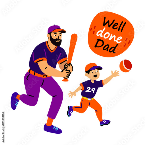 Father and son playing baseball with well done dad text, flat sticker