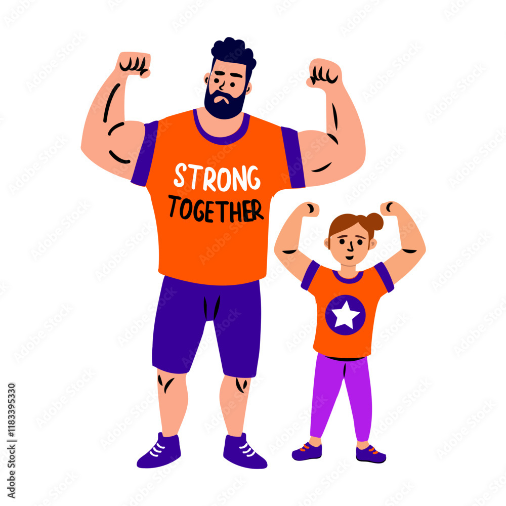 Father and son flexing with strong together typography, flat sticker