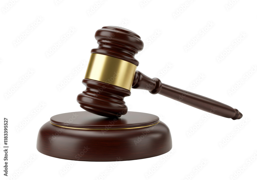 polished wooden gavel resting on a round base with metallic gold accents, symbolizing justice and authority, isolated on white background polished wooden gavel resting on a round base with metallic gold accents, symbolizing justice and authority, isolated on white background