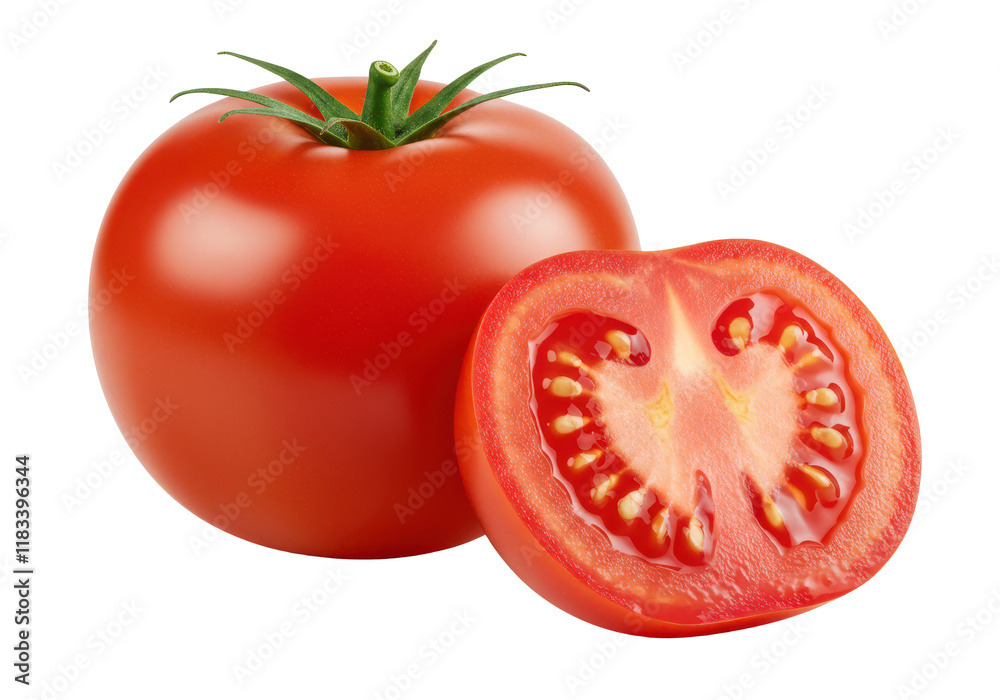 Whole fresh red tomato and a halved tomato showing juicy interior and seeds, isolated on white background Whole fresh red tomato and a halved tomato showing juicy interior and seeds, isolated on white background