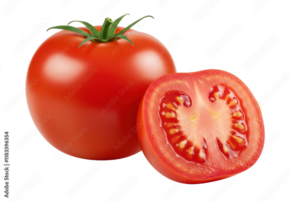 Whole fresh red tomato and a halved tomato showing juicy interior and seeds, isolated on white background Whole fresh red tomato and a halved tomato showing juicy interior and seeds, isolated on white background
