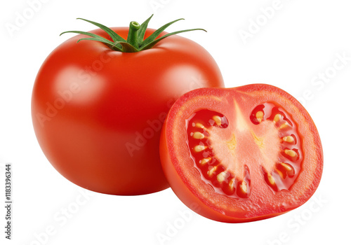 Whole fresh red tomato and a halved tomato showing juicy interior and seeds, isolated on white background