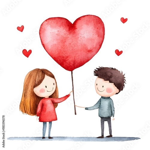 Cute Couple Holding Heart Balloon with Love in the Air, Generative AI.