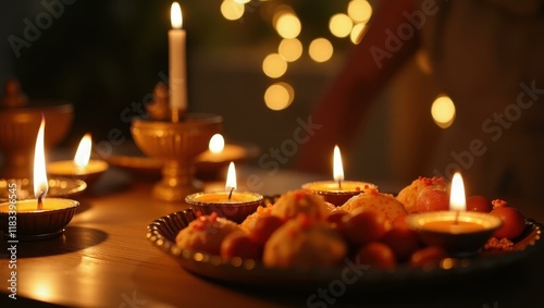 Tray of homemade sweets and savories prominently displayed as centerpiece on table Smiling Middle Eastern family lighting candles for Diwali photo