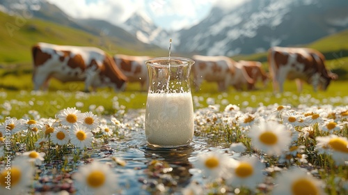 Milk pouring, alpine pasture, cows grazing, daisies, advertising
