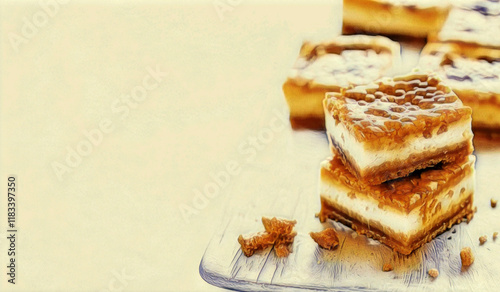 A colored pencil illustration featuring a delicious dessert on a wooden plate.