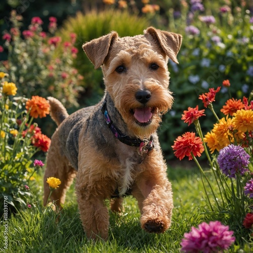 A playful Lakeland terrier in a colorful garden. photo