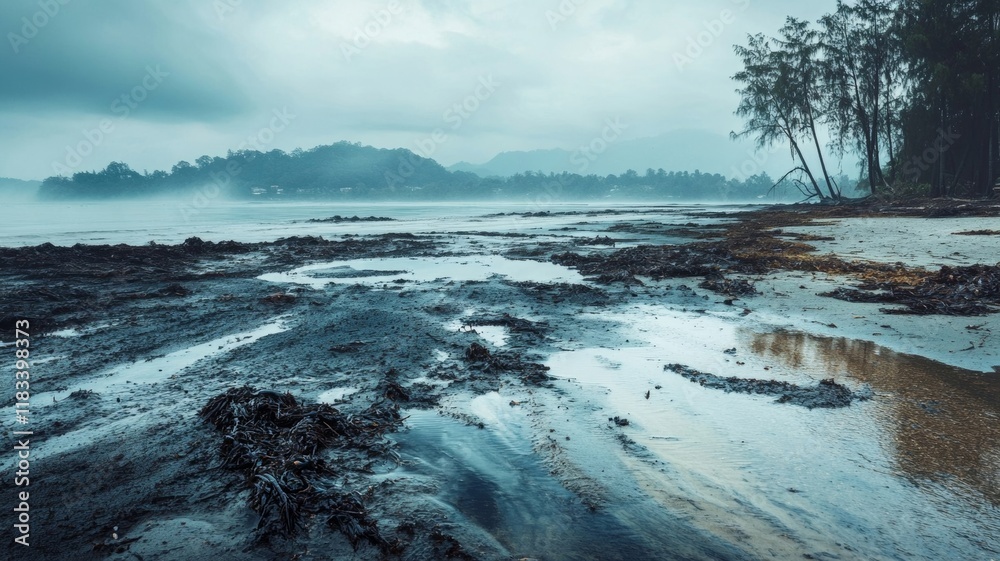 Fuel oil on the coast. Environmental disaster, oil, fuel oil. Fuel oil on the coast. Environmental disaster, oil, fuel oil.