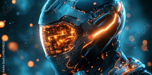 Cyberpunk Astronaut Helmet: Glowing Orange Details in a Dark Blue Atmosphere photo