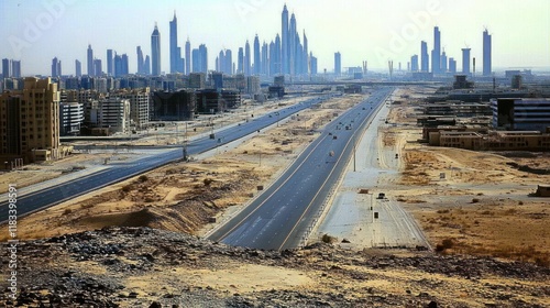 Sheikh Zayed Road at dusk, a stunning highway surrounded by skyscrapers, photo