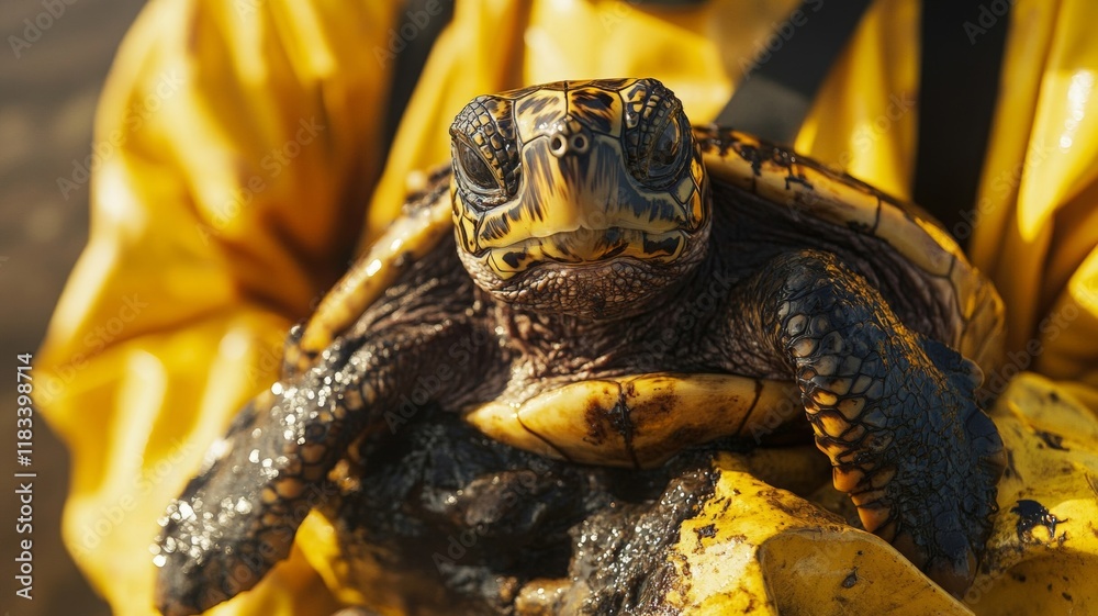 Naklejka premium A volunteer in a yellow protective suit in a respirator rescues an animal from fuel oil (from contamination). An environmental problem. Fuel oil spill in the ocean. 
