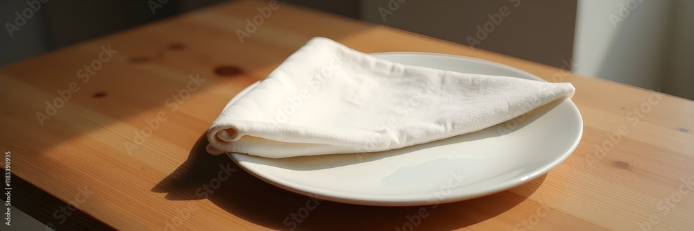 A wooden table, a single plate, and a linen napkin A wooden table, a single plate, and a linen napkin