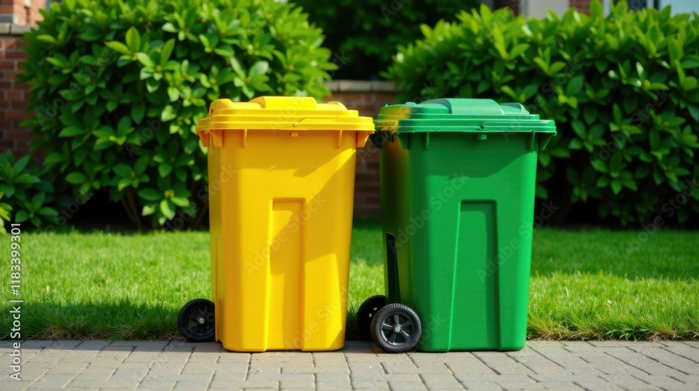 Pair of colorful wheelie bins on a paved surface next to a lush green lawn Pair of colorful wheelie bins on a paved surface next to a lush green lawn