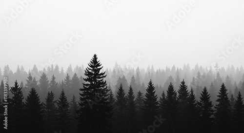 Silhouettes of coniferous trees in the forest. Misty forest silhouette, serene nature.