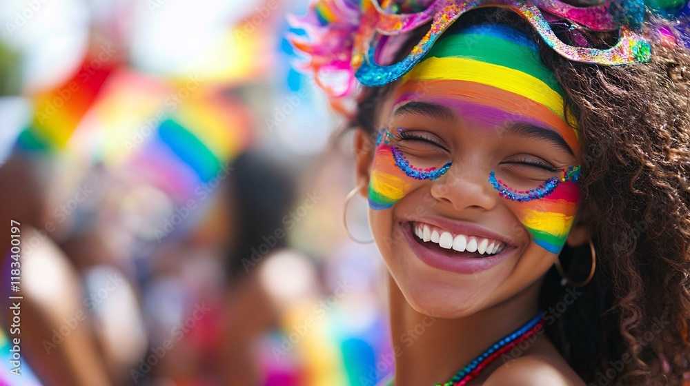Joyful Young Person Celebrating with Colorful Face Paint at Festival Joyful Young Person Celebrating with Colorful Face Paint at Festival