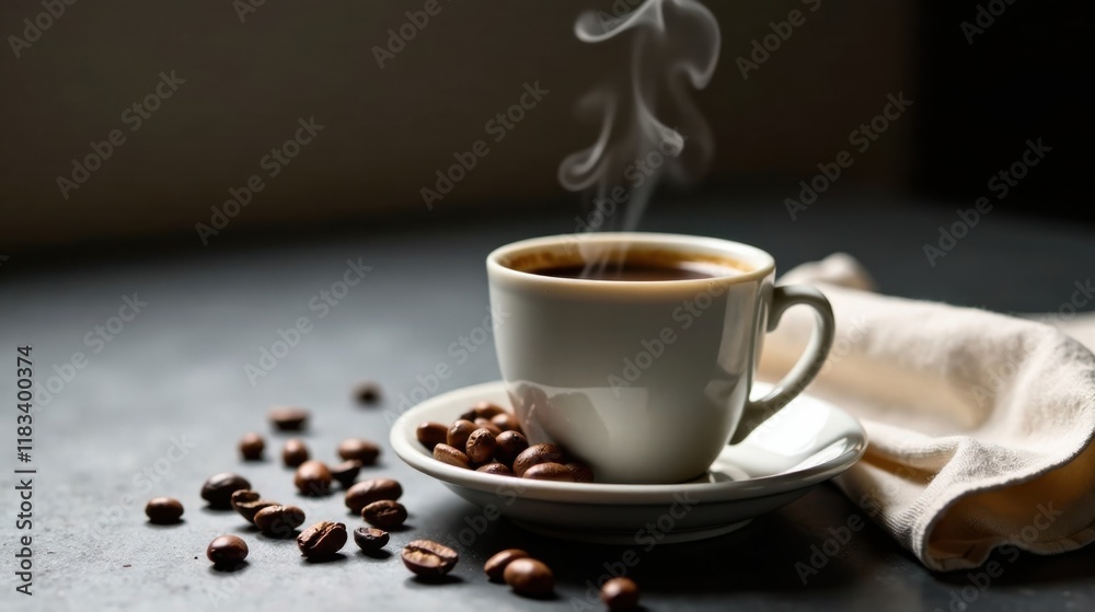 Fototapeta premium Aromatic Coffee in a White Cup with Roasted Beans on a Dark Surface