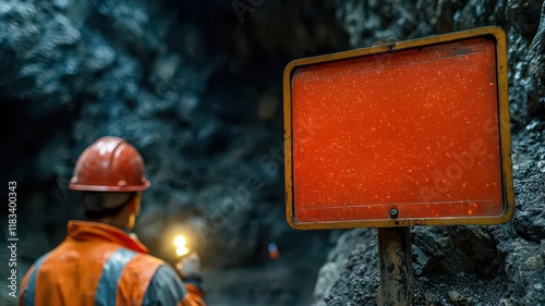 Wallpaper Mural A miner in a helmet holds a torch in a dark tunnel next to a red warning sign. Torontodigital.ca