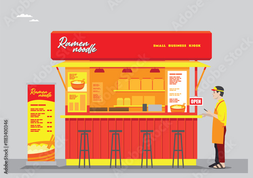 an illustration of an open ramen shop with a ramen noodle sign and red yellow colors with chef stand