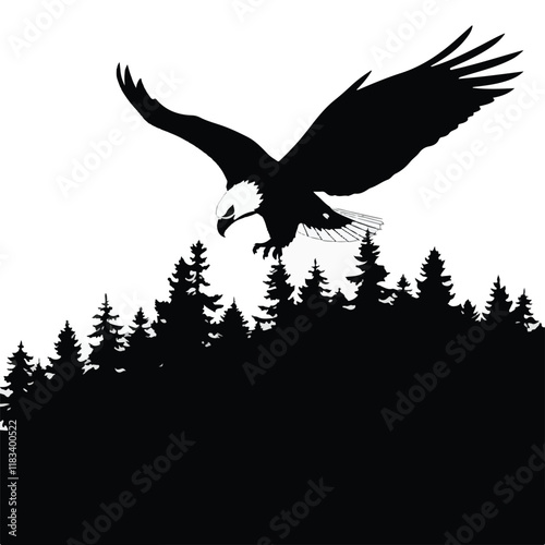 Eagle silhouette flying over trees