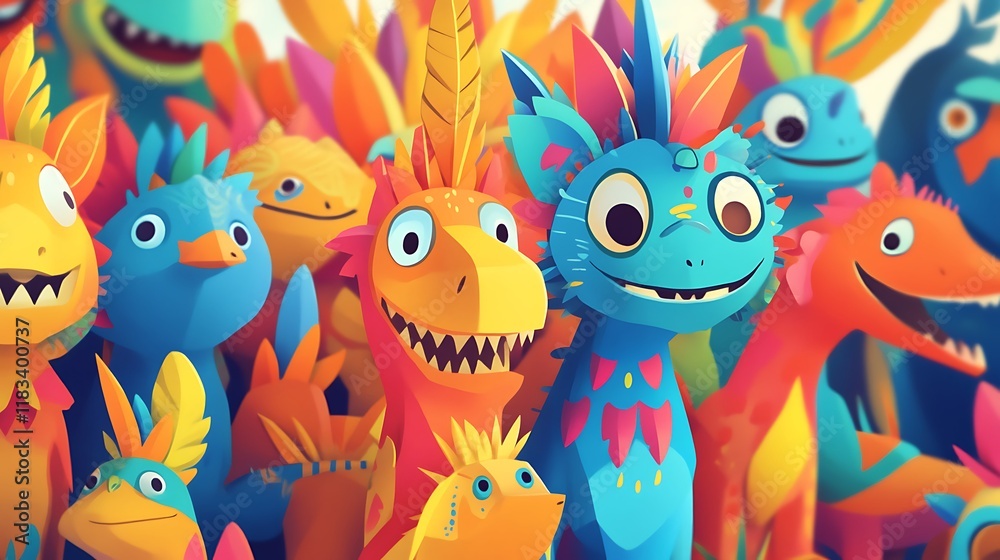 Fun and colorful fantasy animals in a 2D animated scene Fun and colorful fantasy animals in a 2D animated scene
