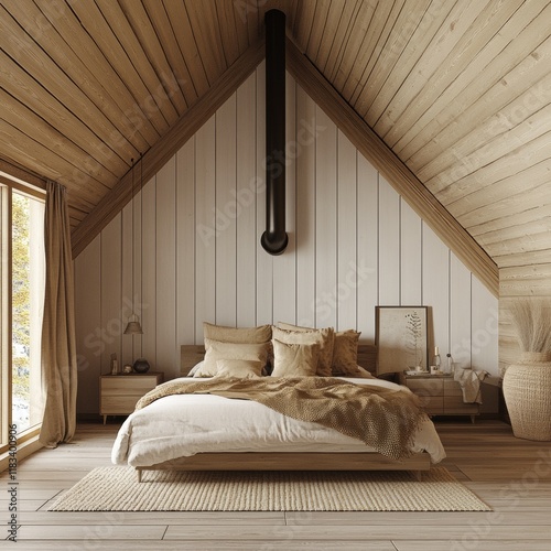 Cozy Attic Bedroom With Wooden Walls And A Comfortable Bed