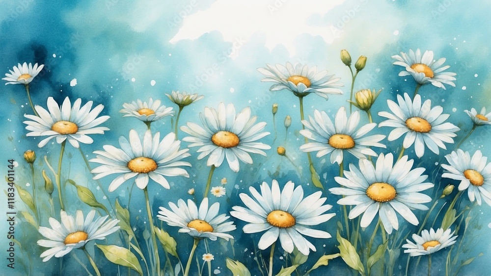 Daisies in soft blue and green watercolor background Daisies in soft blue and green watercolor background