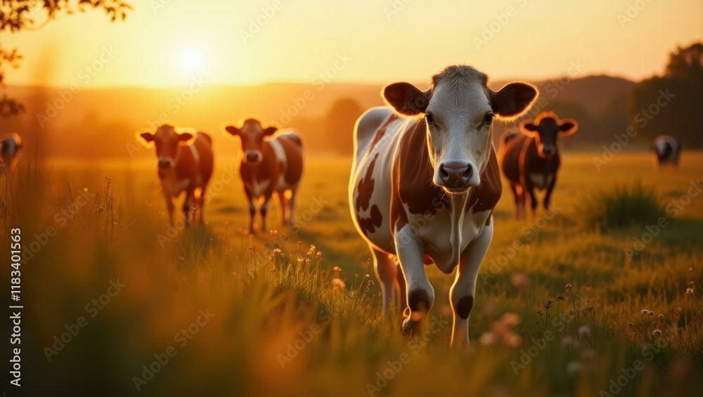 Sunset view of cows grazing leisurely in nearby pasture part of farm-to-table cycle Smiling diverse group enjoying a farm-to-table dining experience Sunset view of cows grazing leisurely in nearby pasture part of farm-to-table cycle Smiling diverse group enjoying a farm-to-table dining experience