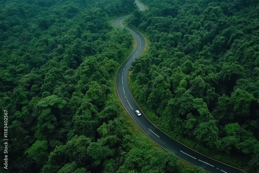 Car drives winding jungle road, aerial view Car drives winding jungle road, aerial view