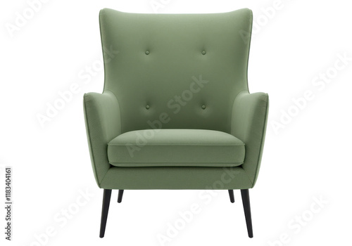A sage-green armchair with a high backrest and sleek black legs, isolated on a white background