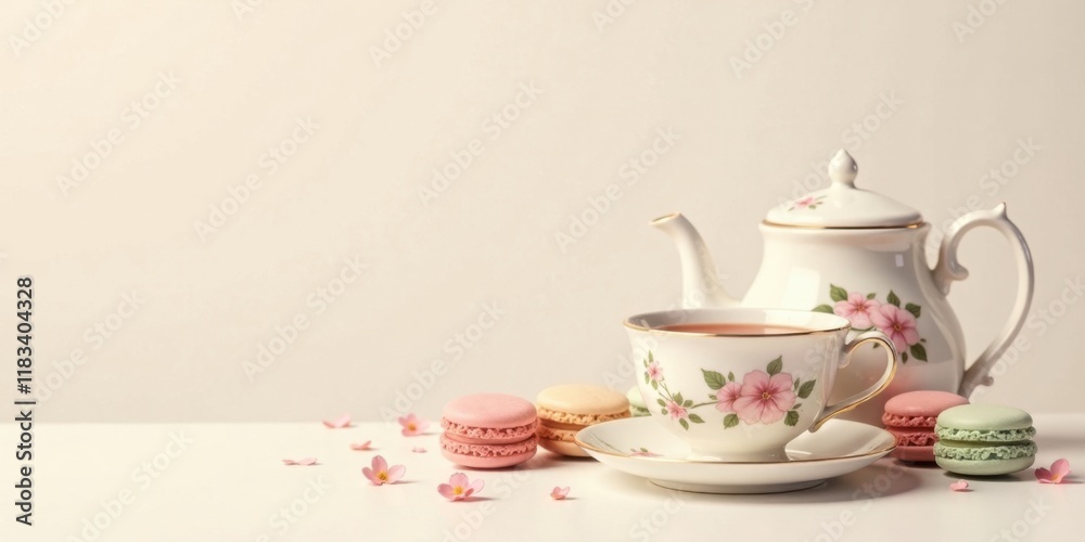 A delicate teacup and teapot with floral design, accompanied by pastel macarons and blossoms on a white surface. A delicate teacup and teapot with floral design, accompanied by pastel macarons and blossoms on a white surface.