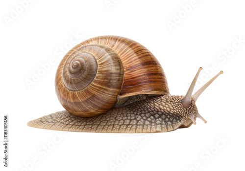 Snail with a detailed shell and extended tentacles, isolated on white background