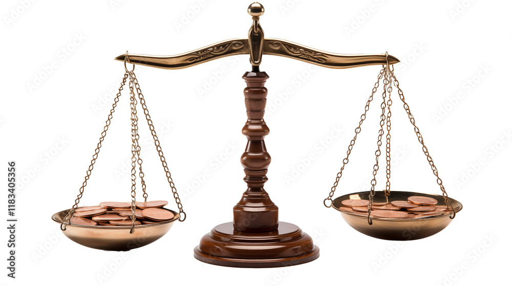 Scales with coins on a white background, symbolizing financial balance, justice, equality, and fairness in a clean and conceptual design Scales with coins on a white background, symbolizing financial balance, justice, equality, and fairness in a clean and conceptual design