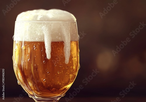 Golden Beer Frothing Abundantly in a Glass Against Dark Background photo