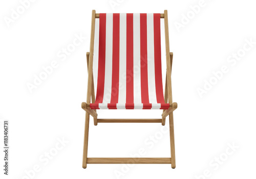 A red-and-white striped deck chair with a wooden frame, front angled view, isolated on white background photo