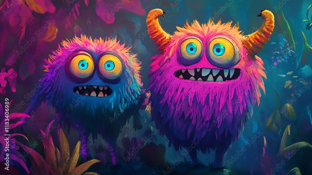 Naklejka premium Cheerful and vibrant imaginary monsters in a bright 2D animated story