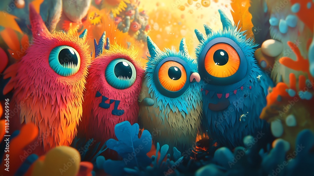Naklejka premium Cheerful and vibrant imaginary monsters in a bright 2D animated story
