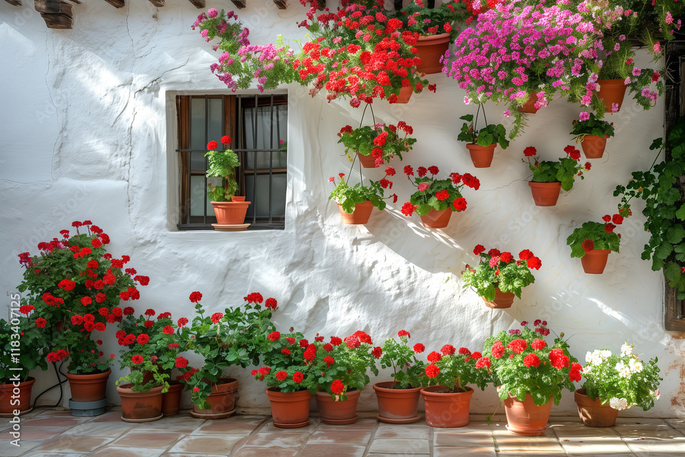 Fototapeta premium a typical Andalusian patio with a white wall covered with pots of geraniums of various colors.