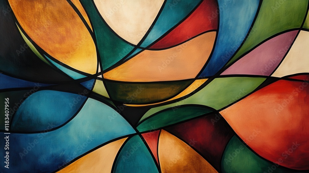 Fototapeta premium Colorful Abstract Oil Painting with Organic Shapes and Textured Stained Glass Style Background