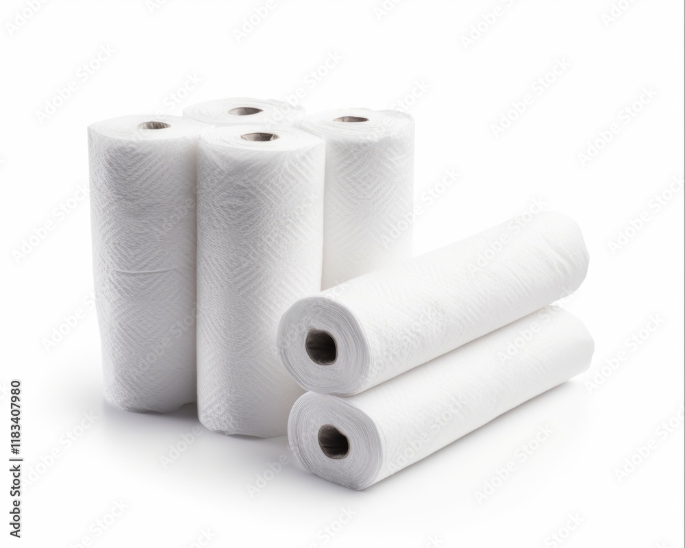 Household Essential: Rolls of Paper Towels for Kitchen. Isolated on White Background,Disposable and Convenient Tissue Alternative Household Essential: Rolls of Paper Towels for Kitchen. Isolated on White Background,Disposable and Convenient Tissue Alternative
